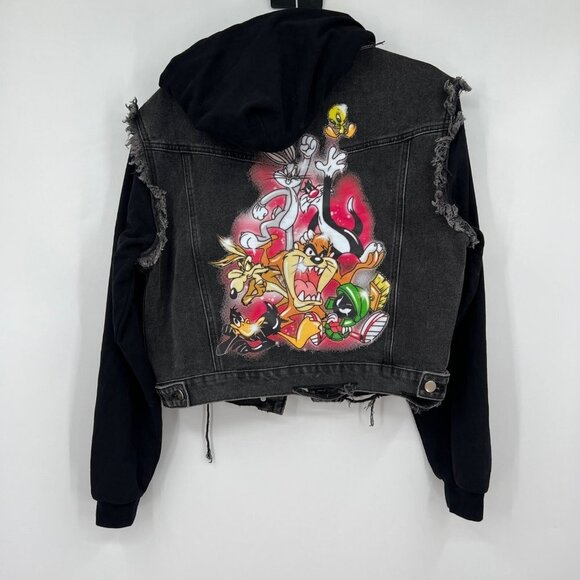 Dolls Kill X Looney Tunes denim jacket black punk hoodie layered womens XXS - Picture 1 of 13